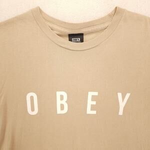 Obey Casual Crew Neck Short Sleeve Graphic Shirt Mens Size Small S Tan